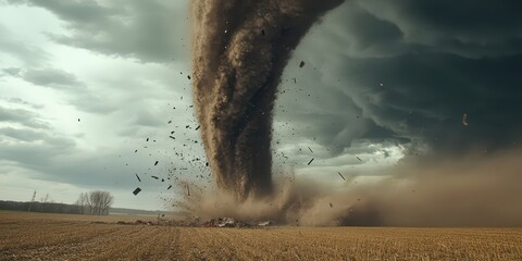 A tornado tearing through a field, picking up debris and disintegrating objects in its path, space for text.