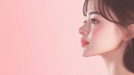 Obraz premium Elegant woman poses gracefully against a soft pastel pink background highlighting her features and expression