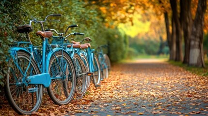 Fototapeta premium A row of blue bicycles parked on a leaf-covered path surrounded by trees during a golden autumn afternoon.