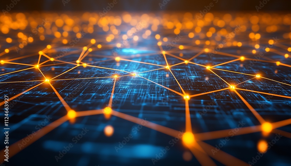 Fototapete high tech digital network grid with glowing orange and blue data nodes : generative ai