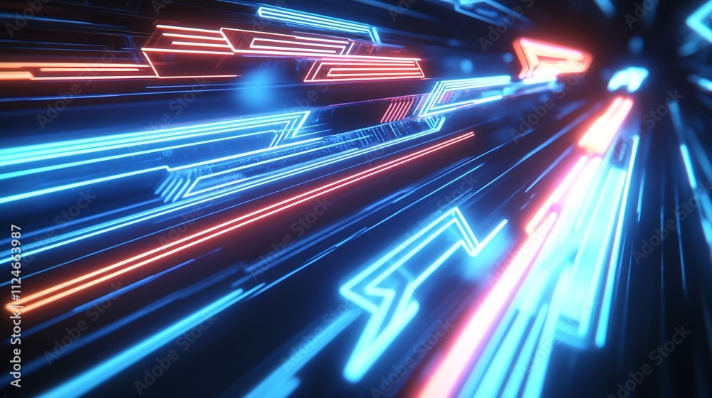 Aufkleber Futuristic Neon Arrows in Motion with Red and Blue Streaks Representing Rapid Technological Progression : Generative AI