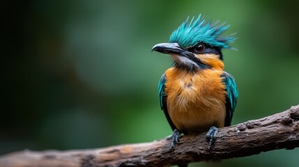 Fototapeta premium A detailed close-up captures a kingfisher bird with vivid blue and orange plumage, perched on a branch amidst greenery, highlighting its stunning natural beauty.