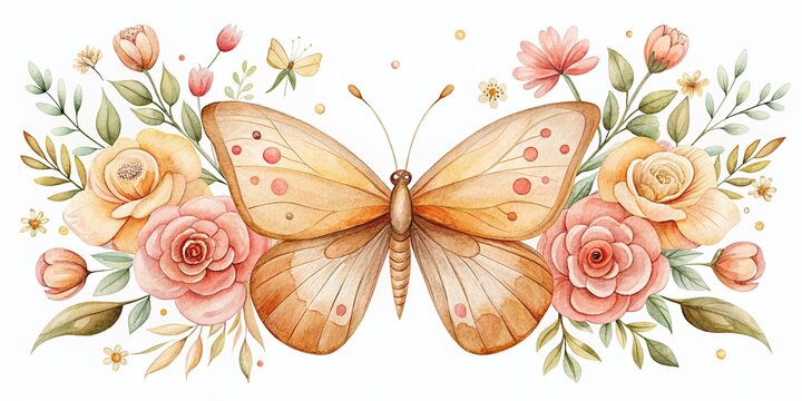 Aerial View of Butterfly Watercolor Floral Wings in Terracotta and Beige Pastel Colors - Cute Moth with Flowers for Boho Nursery Decor, Soft Aesthetic Illustration for Baby Room