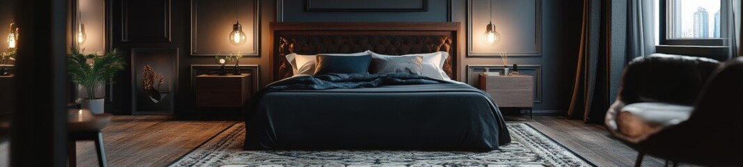 Dark and indulgent bedroom retreat designed for relaxation