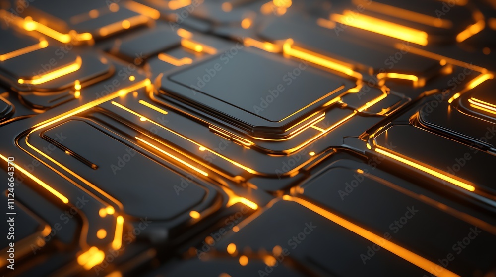 Poster high-tech geometric design with neon glowing elements in gray and orange : generative ai