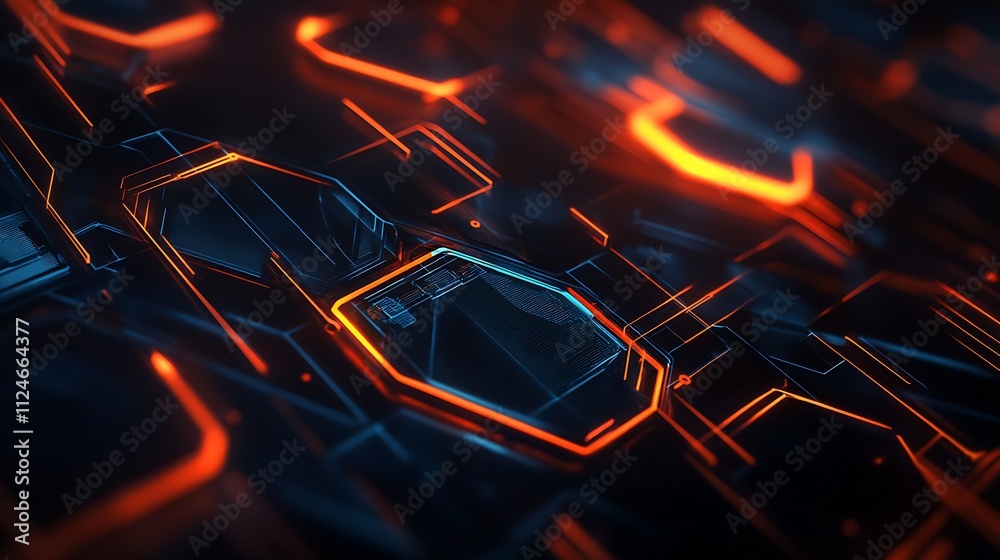 Poster innovative orange and blue glowing hexagonal digital mesh technology : generative ai