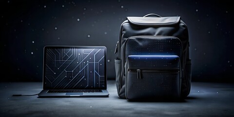 Stylish algorithmic art notebook backpack with laptop against a dark background