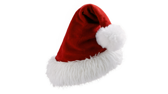 classic warm soft red Santa hat with fluffy white trim at the base round white pom-pom tip