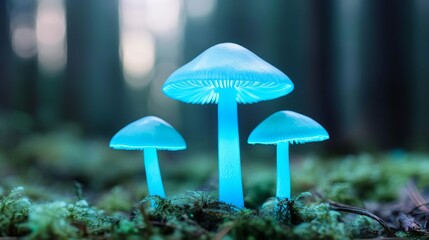 Fototapeta premium Bioluminescent mushrooms glowing in soft blue hues, enchanting forest setting
