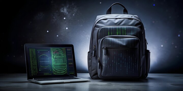 School backpack and laptop showcasing algorithmic art design in a futuristic setting