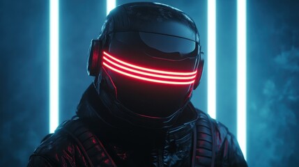 A futuristic character with a glowing red visor helmet stands against a neon-lit backdrop, evoking a sense of exploration, anonymity, and cutting-edge style.