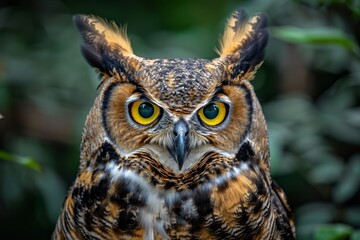 Obraz premium An owl stands attentively in a lush green setting, showcasing its vivid yellow eyes and intricate feather patterns as it surveys its surroundings at dawn.