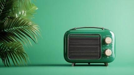 A classic green radio with vintage dials placed beside a lush leafy plant against a minimalistic...