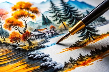 Obraz premium Aerial View of Close-Up Brush Painting Black Ink on Paper, Capturing Intricate Details and Textures in Artistic Expression for Creative Projects and Visual Inspiration