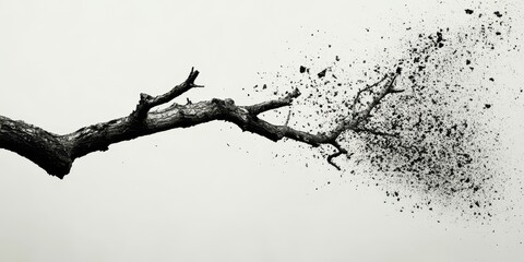 A tree branch snapping and disintegrating into dust as it breaks off, space for text.