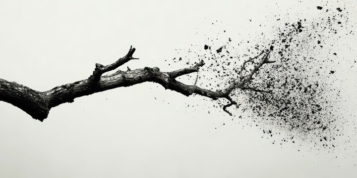 A tree branch snapping and disintegrating into dust as it breaks off, space for text.