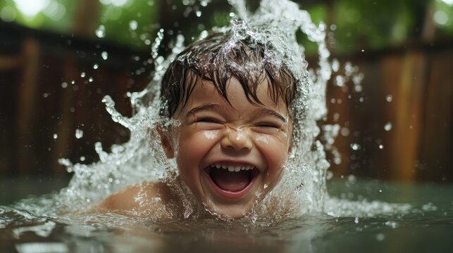 A young kid joyfully immersed in water, surrounded by splashes, radiating happiness and carefree excitement in a playful natural environment.