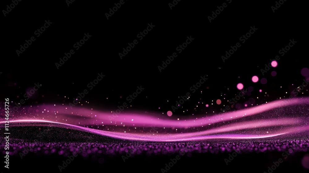 Poster a stunning flow of shimmering purple particles glides gracefully across a dark backdrop, with tiny g