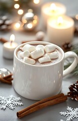  A cup of hot chocolate with marshmallows, surrounded by cinnamon sticks and Christmas decorations on a gray background