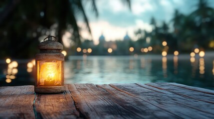 A rustic lantern casts a gentle glow over a wooden surface beside calm waters, framed by silhouetted palm trees, evoking a peaceful twilight ambiance.