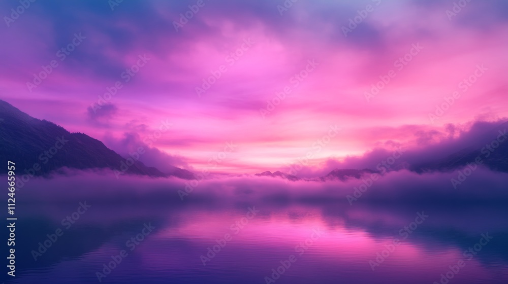 Poster glowing purple clouds drift over a calm lake, reflecting a vibrant gradient of pink and indigo in th