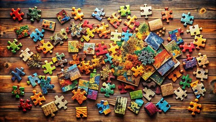 Fototapeta premium Aerial View of Colorful Jigsaw Puzzle Pieces Laid Out on a Table, Capturing the Intricate Patterns and Shapes of Each Piece in a Vivid and Engaging Composition