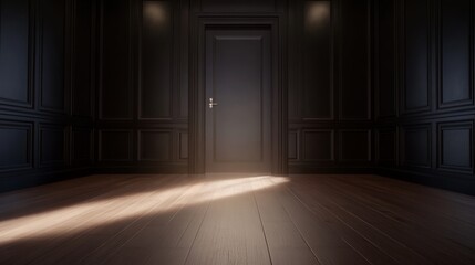 An empty, stylish room features dark walls and wooden flooring, softly illuminated by faint light, exuding a minimalist and mysterious mood
