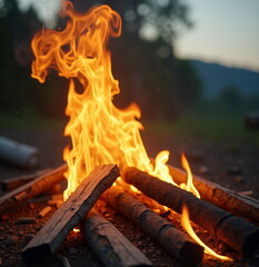 Vibrant campfire flames burning logs against nature backdrop