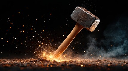 A hammer striking down with dramatic effect, releasing flying sparks and dust, illustrating themes of power, creativity, and transformation in an energetic scene.