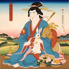 Obraz premium A serene portrayal of Okuninushi, god of matchmaking and prosperity, with a white rabbit and pastoral scenery, symbolizing harmony and kindness.