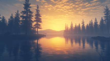 A serene indigo lake surrounded by tall pine trees and a golden sunrise reflecting off the water, creating a peaceful atmosphere.