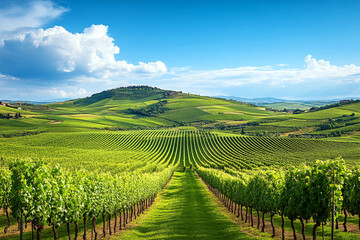 Fototapeta premium Vineyard stretches across rolling green hills under a vibrant blue sky with clouds. Concept of agriculture and nature's beauty. For agriculture and travel magazine.