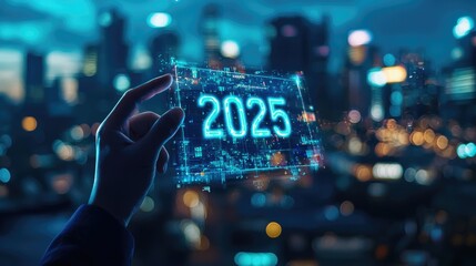 The 2025 New Year business goals concept. Businessman analyzes graph of trend market growth in 2025 and plans business growth and profit increases. calculates financial data for long-term investments 
