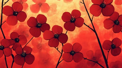 A vibrant pattern of red flowers against a warm, colorful background, creating an inviting and new year cheerful atmosphere.