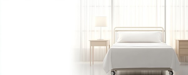 A minimalist bedroom featuring a simple bed, bedside tables, and soft natural light from sheer curtains.