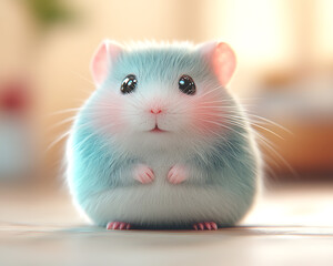 Fototapeta premium Adorable Fluffy Light Blue Hamster Sitting on Wooden Surface, Soft Fur, Cute Pet, Sweet Animal, 3D Rendered Image