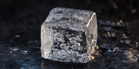 Fototapeta premium A close-up of a glistening ice cube with bubbles trapped inside.