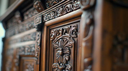 Exquisite Vintage Wooden Cabinet Featuring Elaborate Carvings and Ornamental Designs in an Elegant Environment