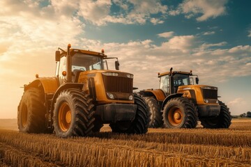 Fototapeta premium Tractors working on a golden field during sunset in rural landscape
