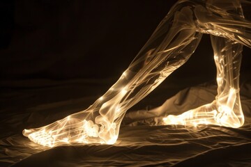 Illuminated skeletal legs are positioned on a dark surface, highlighting intricate details of the...