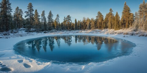 A frozen pond surrounded by trees, with a thick sheet of ice reflecting the blue sky above.