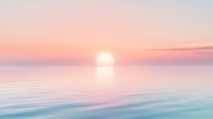 Fototapeta premium A soft, pastel-colored sunrise over a still lake with a distant mountain range.