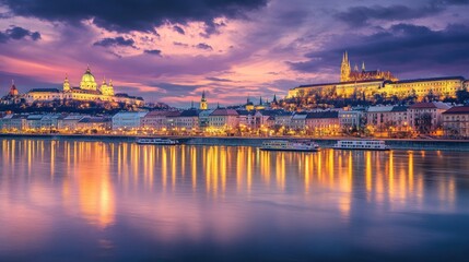 Cityscape at sunset with colorful reflections on river, mix of old and new architecture, glowing lights