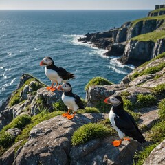 Fototapeta premium A row of puffins on a rocky cliff against the ocean.