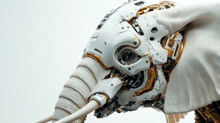 Fototapeta premium A captivating image of a futuristic robotic elephant, intricately designed with sleek white panels and golden accents, merging technology with artistry and nature.