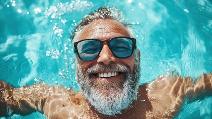 Fototapeta premium A joyful, bearded man wearing stylish sunglasses is seen smiling broadly as he relaxes in a swimming pool, embodying leisure and the essence of a sunny day.