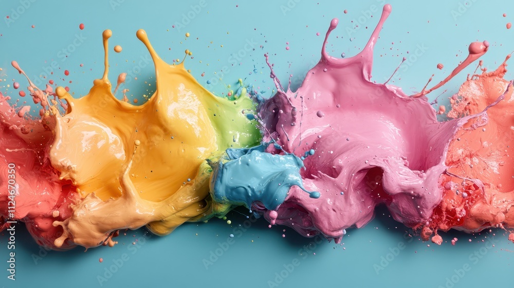 Poster an explosive burst of multicolored paint dynamically splattered across the canvas, creating a vibran