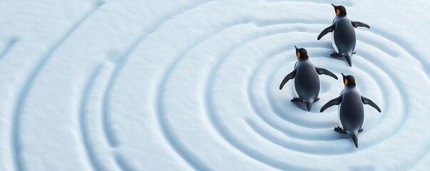 Penguins sliding on an icy surface shaped like a spiraling fractal