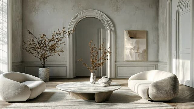 Minimalist living room with modern white sofa and marble coffee table. Elegant interior design with natural light and soft textures	
