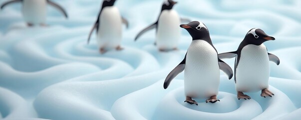 Penguins sliding on an icy surface shaped like a spiraling fractal